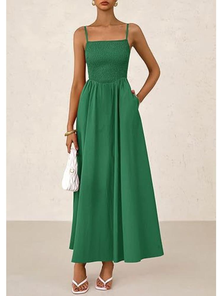 Women's Spaghetti Strap Maxi Dress with Ruffles and Pockets