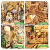 Moin Moin Dollhouse Miniature DIY Kit Book-Shaped Paper Craft Bookend with LED Light Country Scene Flowers Cat
