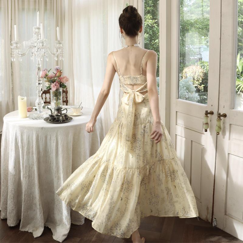 Begonia High-End Französisches Langes Kleid, Gelbes Blumen-Trägerkleid Sommer