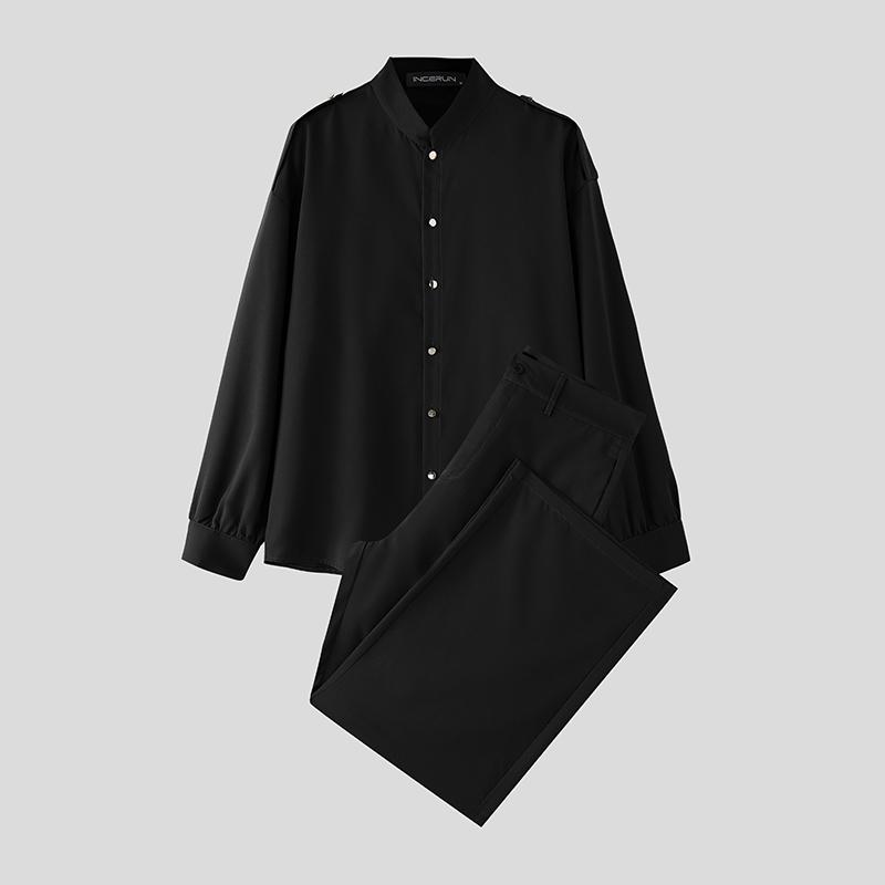 

INCERUN Oversized Autumn Men Long Sleeve Shirts Long Pants Casual Two Pieces Sets Outfits S чёрный