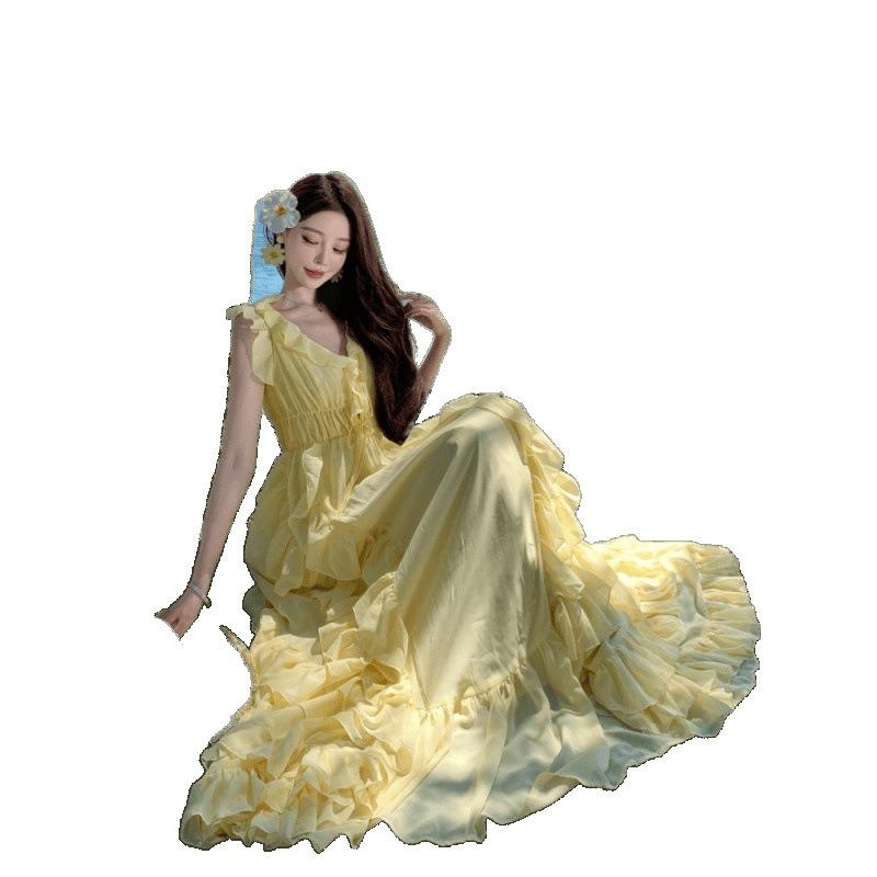 Heavy Industry Irregular Lotus Leaf Swing Waist Dress Fairy Dress French Beach Vacation Dress