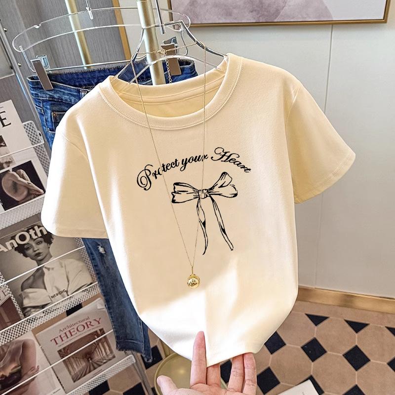 2025 Summer Cotton Crew Neck Shoulder Short Sleeve T-Shirt Women's Apricot Loose ins Tide Half Sleeve Top Versatile T-Shirt