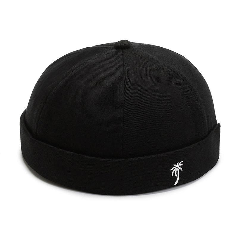 Men Embroidered Coconut Tree Docker Cap New Spring Brimless Hats Hip Hop Beanie Skullcap Solid Color Pumpkin Portable Melon Cap