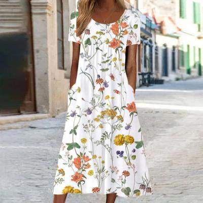 Loose and Comfortable Short Sleeved Printed Dress for Women's Bohemian Long Skirt