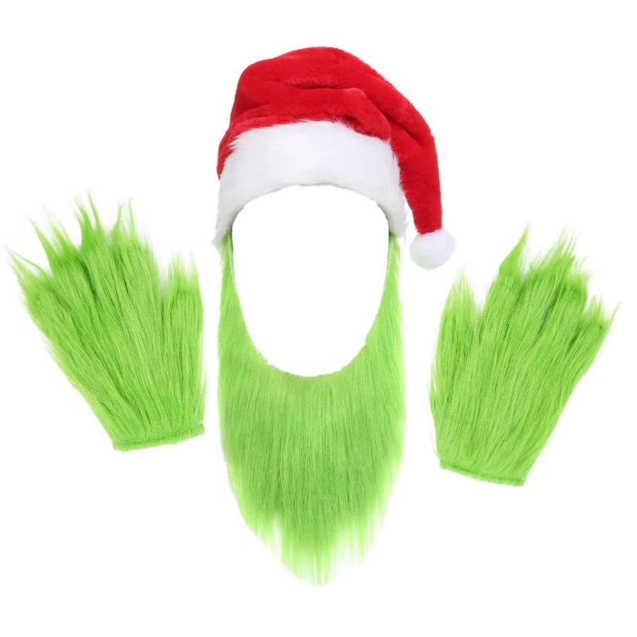 Monster Santa Costume Set - Green Beard, Furry Hat & Gloves For Halloween & Christmas Cosplay, Carnival Party Accessories