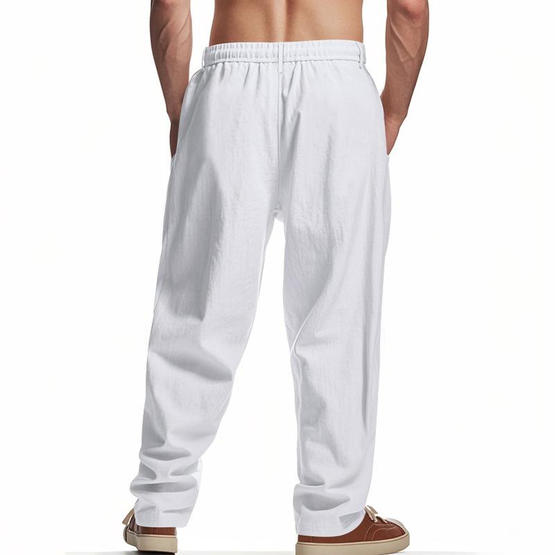 Čtyřsezónní pánské volné lněné ležérní jednoduché trendy široké plážové sportovní kalhoty pro muže