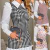 Damen Herbst Hahnentritt Karomuster Kleid, Elegantes Patchwork Fake Zweiteiler Schmale Taille Kurzes Kleid, Vintage Preppy Stil Langarm Hemdkleid für Damen