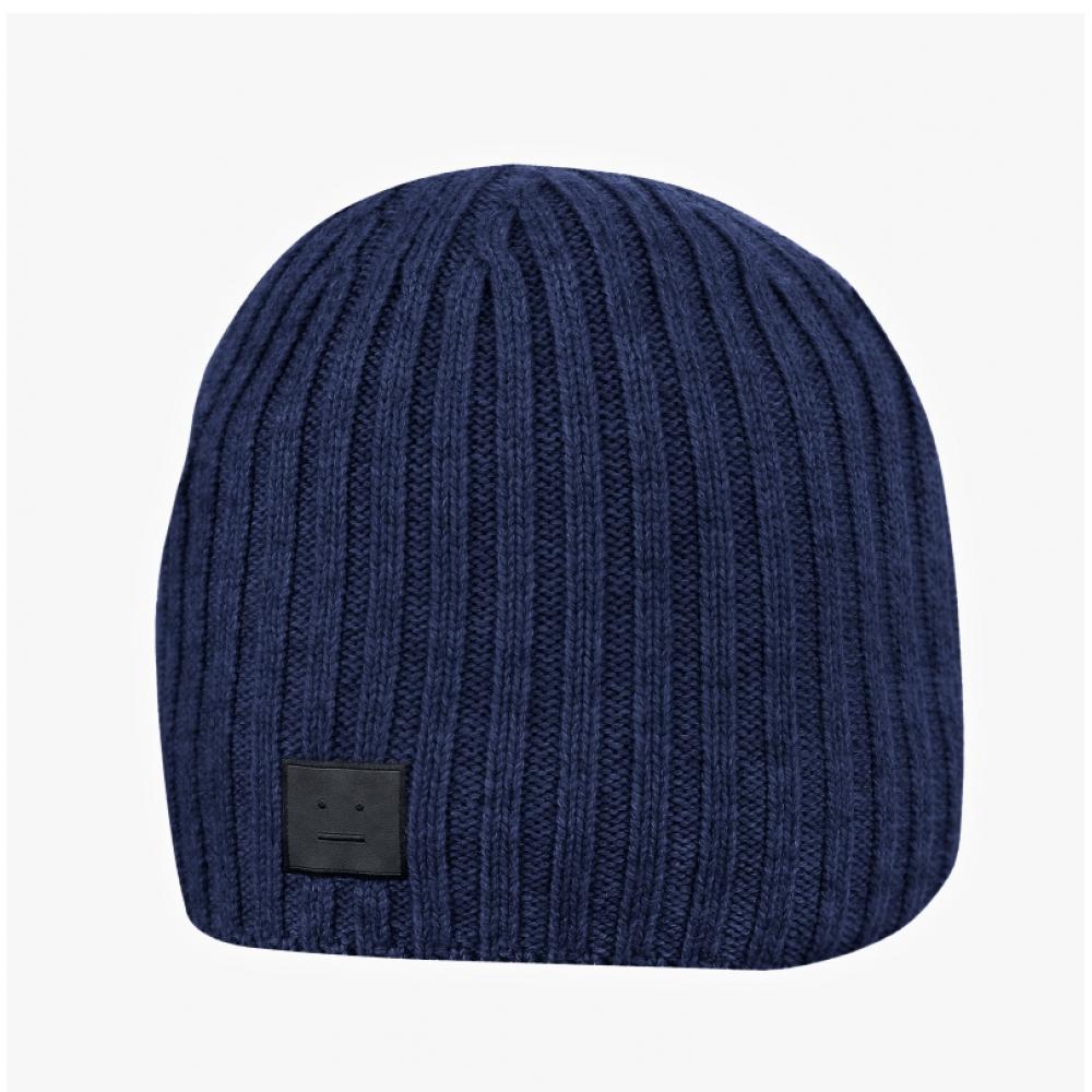 Acne Studio C40387 Navy Melange  Ahe  Face Logo Patch Beanie