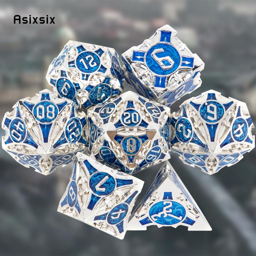 7 Pcs Blue White Metal Dice Solid Metal Polyhedral Dice Set Suitable For Role-Playing Dice PropBoard Game Gift