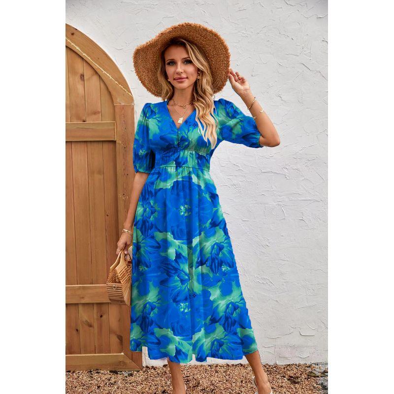 

Elegant Printed Dress 2025 Summer Fashion Female Fashion V Neck Elegance Temperament Printed Dress Blue S