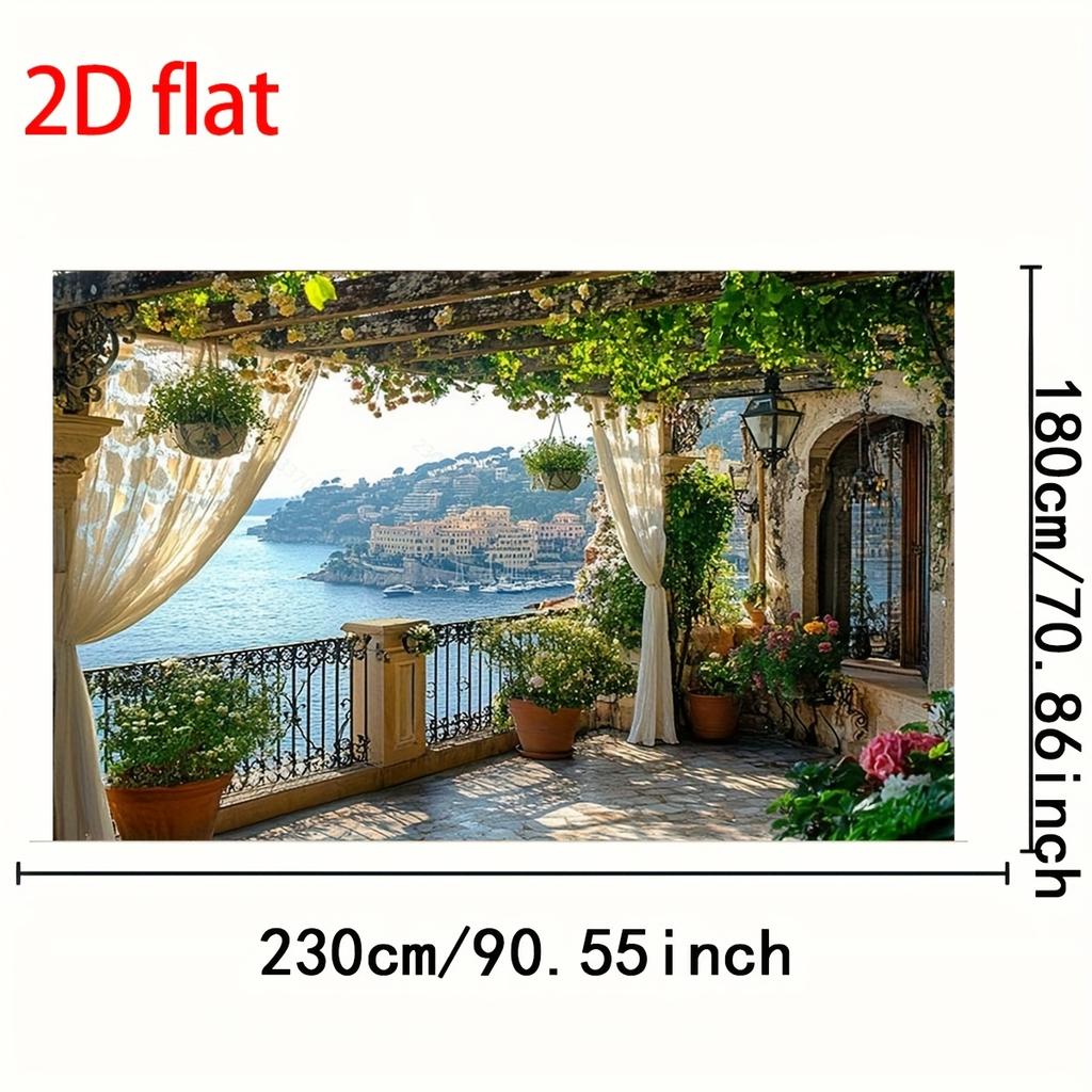 Mediterranean Sea View Tapestry, Floral Pergola And Rustic Balcony Scene, For Vacation Themed Decor And Event Backdrop