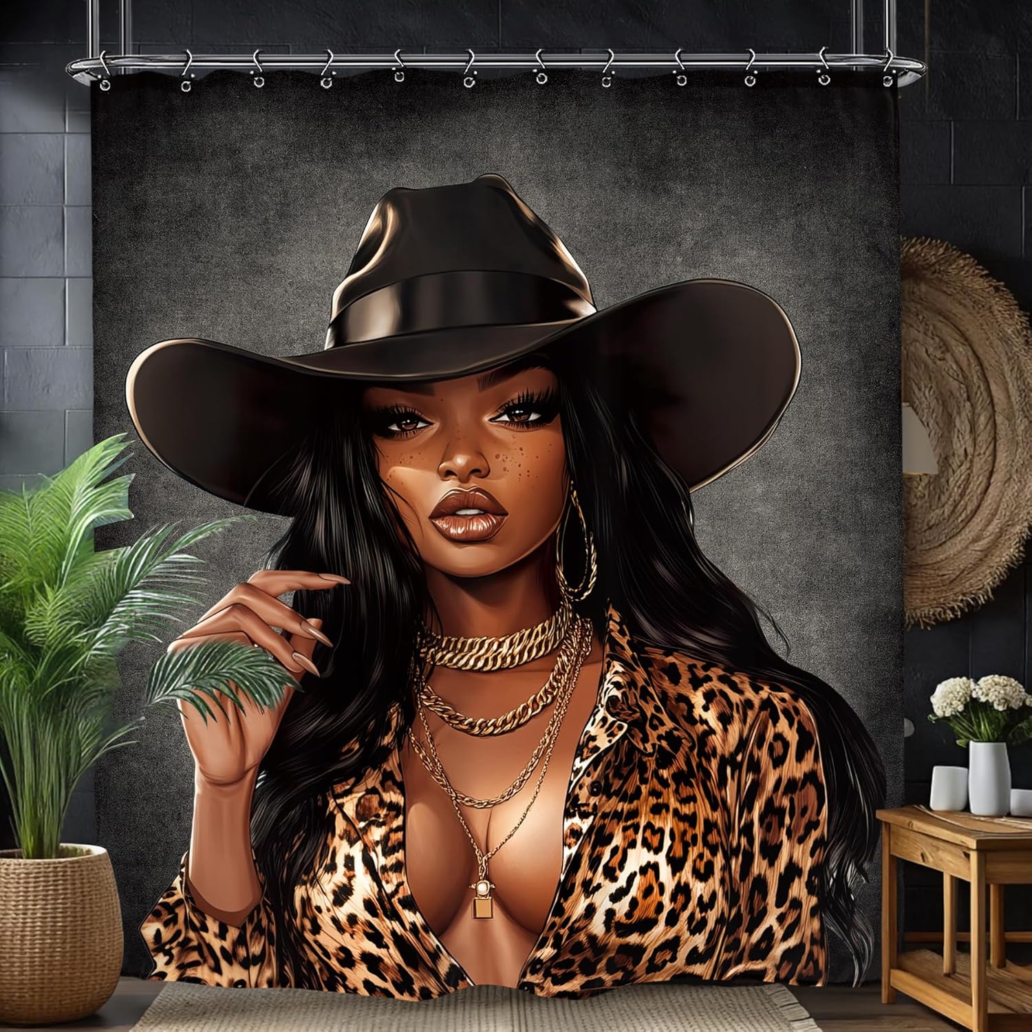 

African American Black Woman Shower Curtain Lady Leopard Sexy Western Cowgirl Character Bathroom Decor With Hooks W60H190(CM)-1 Pcs