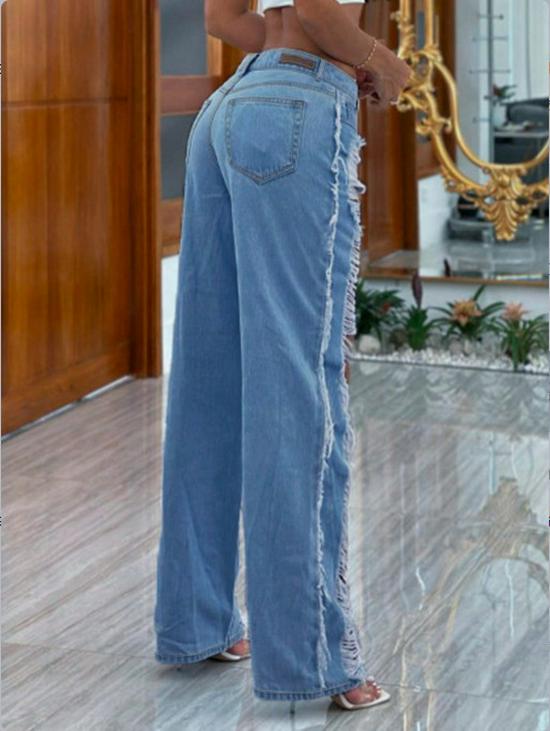 European Women's Ripped Fringed Streetwear Loose Jeans