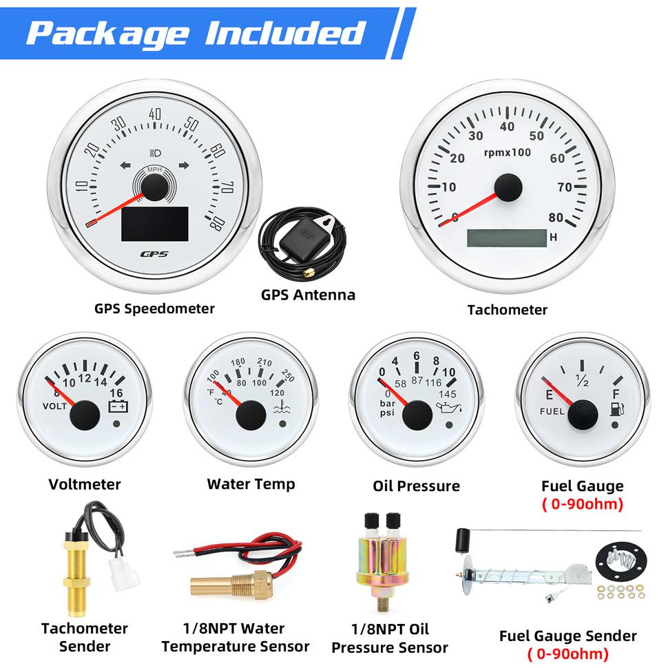 Black 85mm GPS Speedometer 80MPH Waterproof 6 Gauge Kit Fit Car Boat Marine Gasolines Vehicle Tachometer Water Temp Fuel Gauges