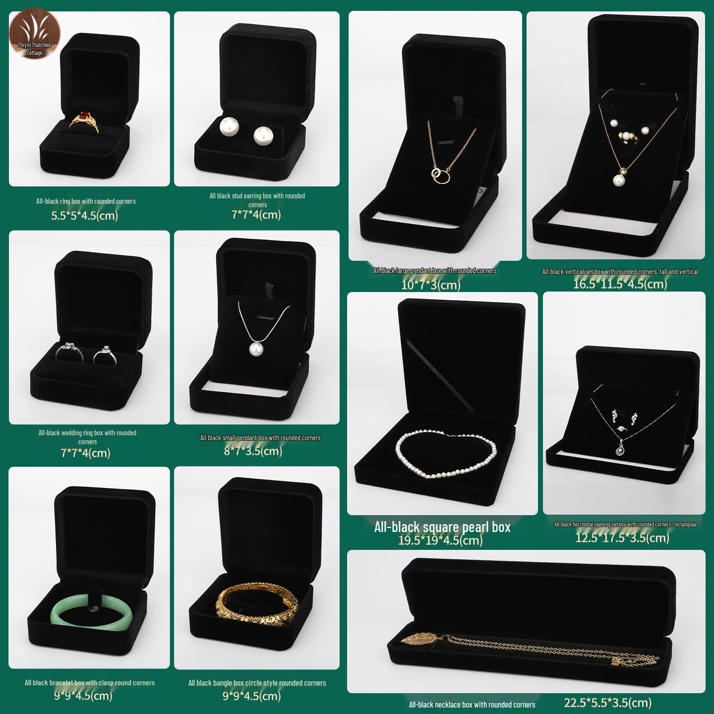 Customizable All Black Velvet Jewelry Box with Rounded Corners for Rings, Pendants, Bracelets, and Necklaces. B1-12 Ring Box with Rounded Corners; 1