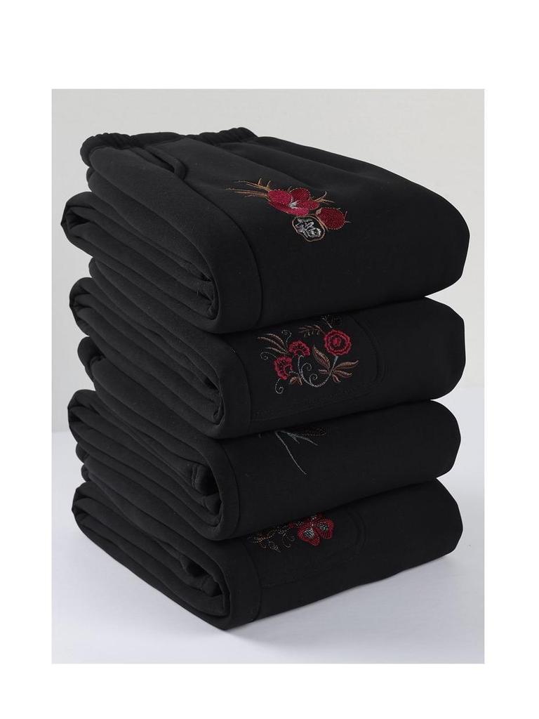 Women's Winter Embroidered Floral Cotton Pants, Loose Fit, Elastic Waist, for Middle-Aged & Elderly, Plus Velvet, Straight-Leg.