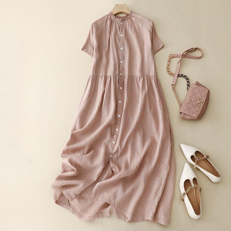 Spring and Summer Cotton and Linen Cardigan Long Sleeved Dress