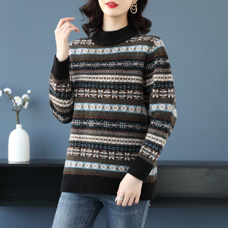 Women's Jacquard Pure Wool Sweater - Thickened Half-High Collar, Long Sleeve, Loose Knit - Autumn/Winter Fashion