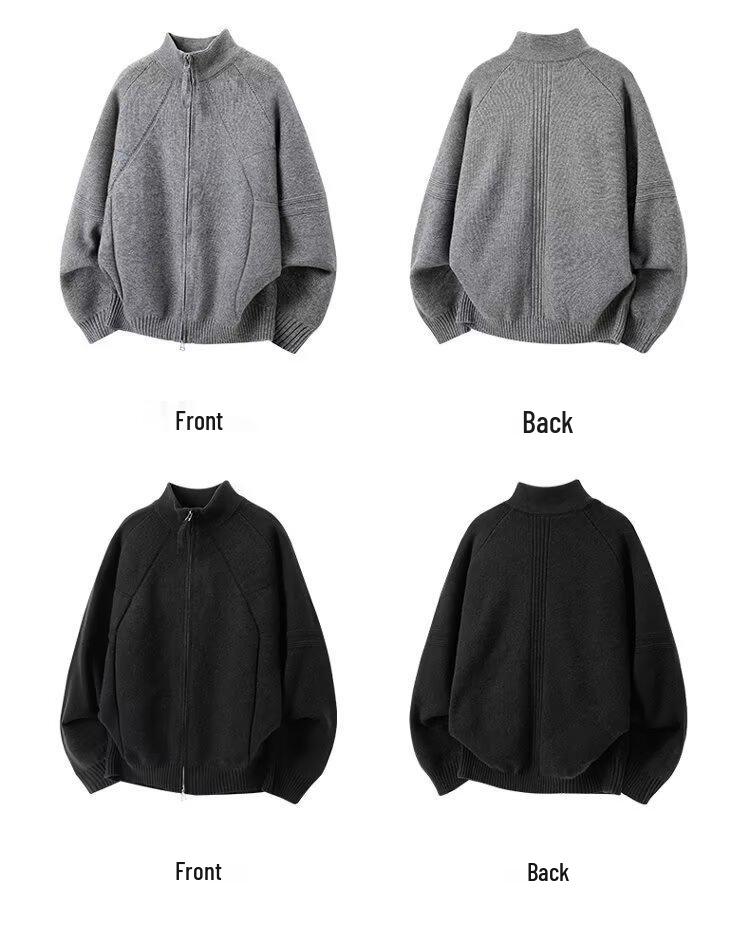 Men's Korean Style Double Zipper Knit Cardigan - Autumn/Winter Long Sleeve Casual Stand Collar Sweater