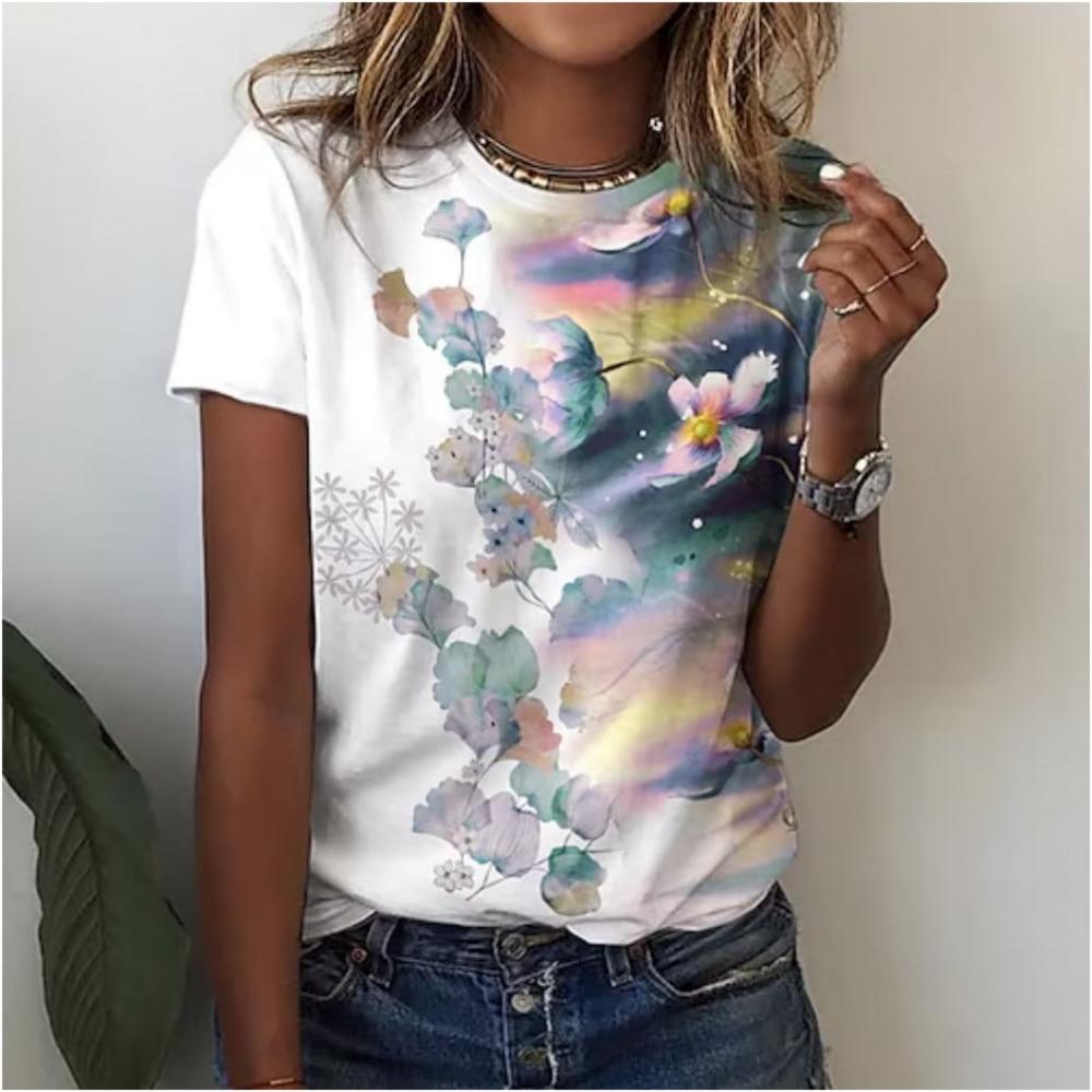 Colorful Flower Butterfly 3D Printed T-shirt for Women, Round Neck Short Sleeve T-shirt