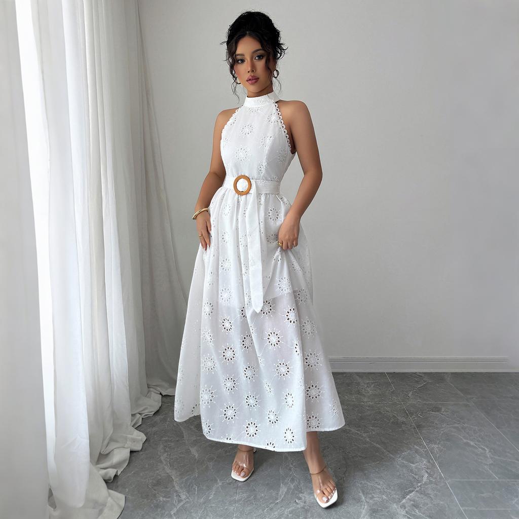 Elegant and Refined Style Neckline Lace Long Dress for Women's Spring and Summer