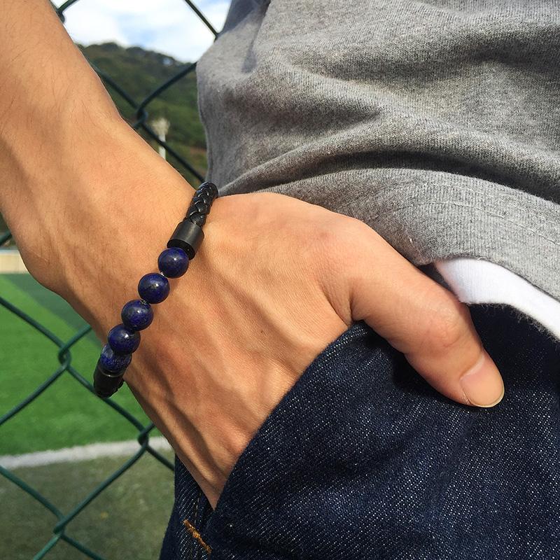 Titanium Steel Man Chakra Jewelry Wholesale Stainless Steel Men's Black Leather Volcanic Beaded Braclets Stone Leather Bracelets