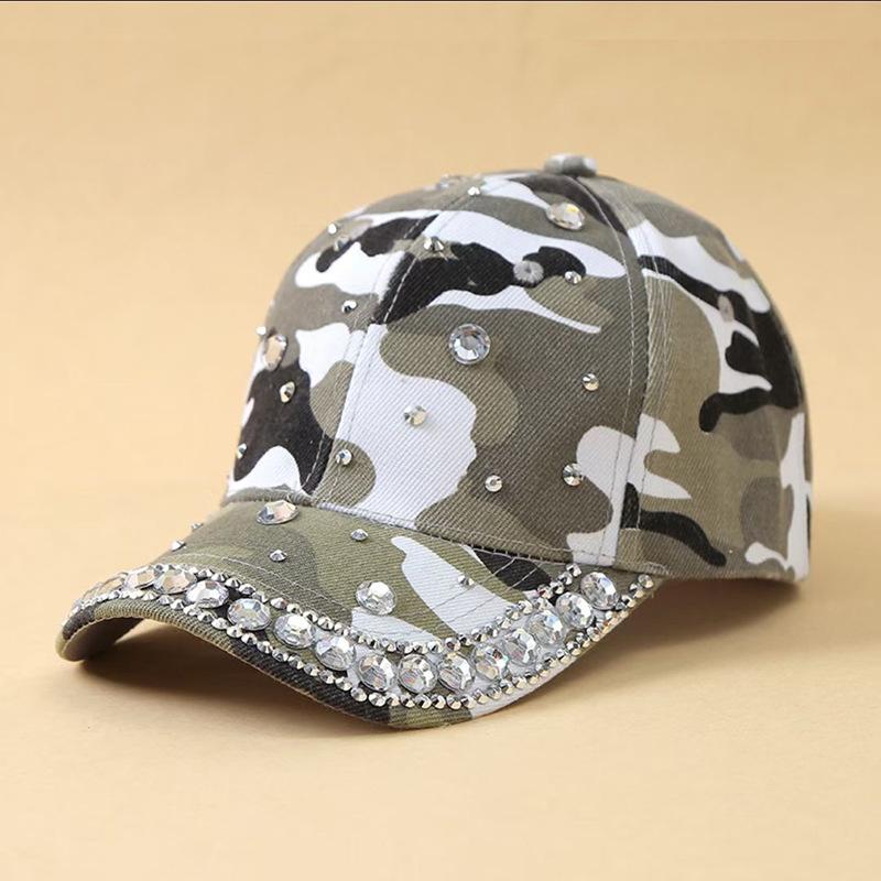 Pearl rhinestone baseball cap studded camo curved brim visor adjustable