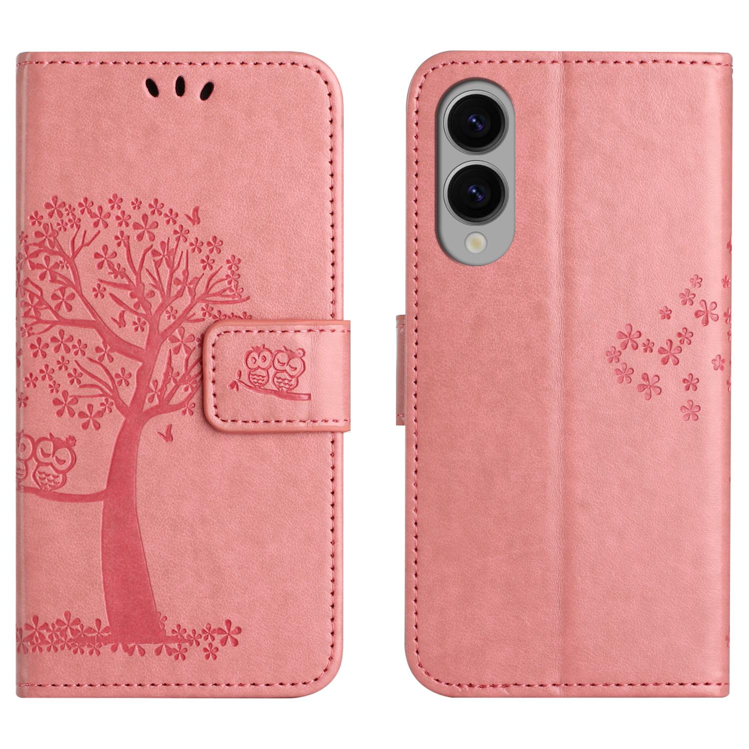 

For Samsung Galaxy S25 Edge Case PU Leather Owl Tree Imprinted Wallet Phone Cover Pink