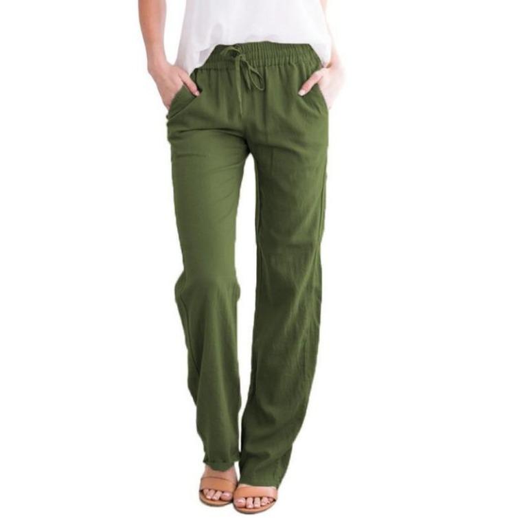 Women Wide Leg Trousers Loose Drawstring Casual Pants Solid Colour Cotton Linen Spring Summer