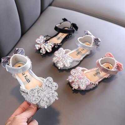 Sandálias femininas de sola macia com laço e strass coreano para primavera-verão-outono, sapatos de princesa, sapatos infantis, sapatos de couro femininos estilo primavera