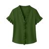 Women Cotton Linen Short Sleeve V Neck Shirt Loose Fit Blouse Ruffle Trim Casual Top Summer Wear