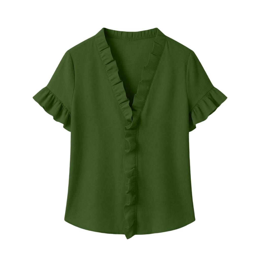 Women Cotton Linen Short Sleeve V Neck Shirt Loose Fit Blouse Ruffle Trim Casual Top Summer Wear