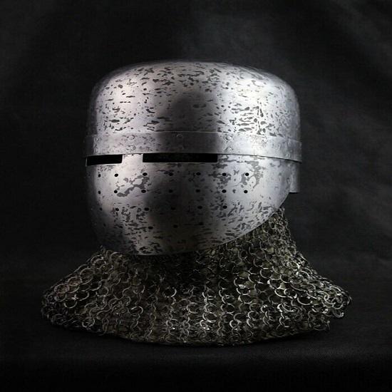 Hammered 18 Gauge Steel Medieval Blackened Great Knight Crusader Helmet W Chain
