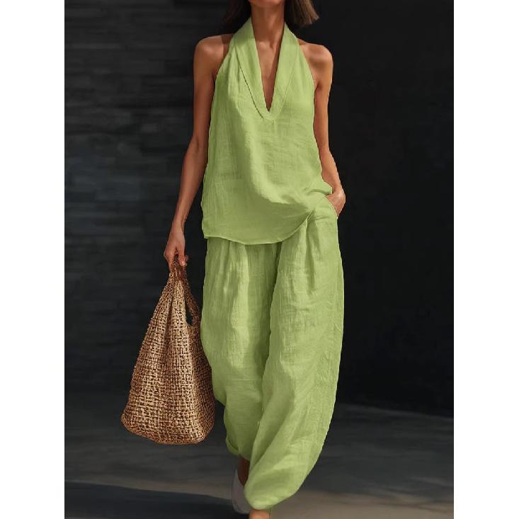 2026 Summer Women's Solid Color Halter Neck V-Neck Sleeveless Casual Suit