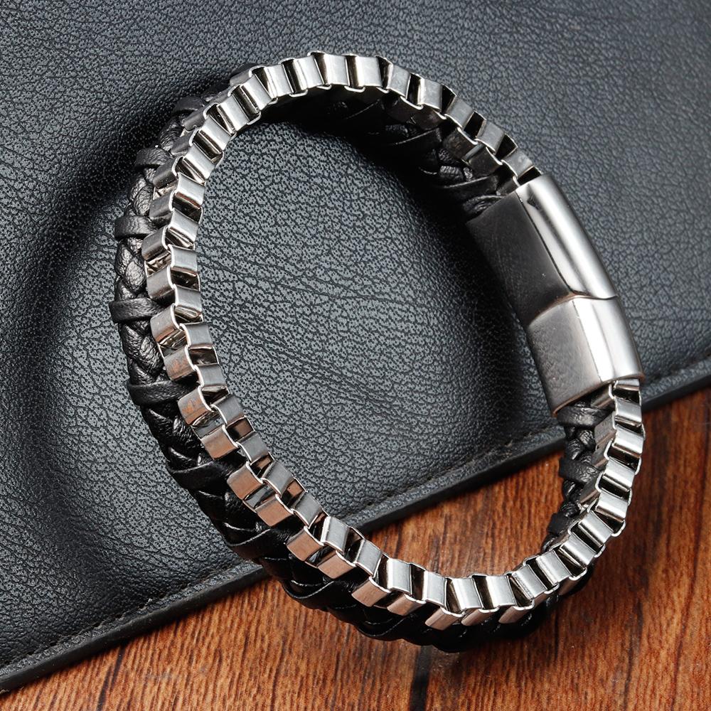 

Classic Stainless Steel Leather Bracelet for Mens Chain Wristband Business Charm Jewelry Accessories for Dad Boyfriend 21cm
