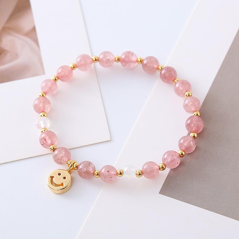Natural Strawberry Crystal Bracelet Smiley Face Pendant Bangles Women Fashion Jewelry Accessories Gift