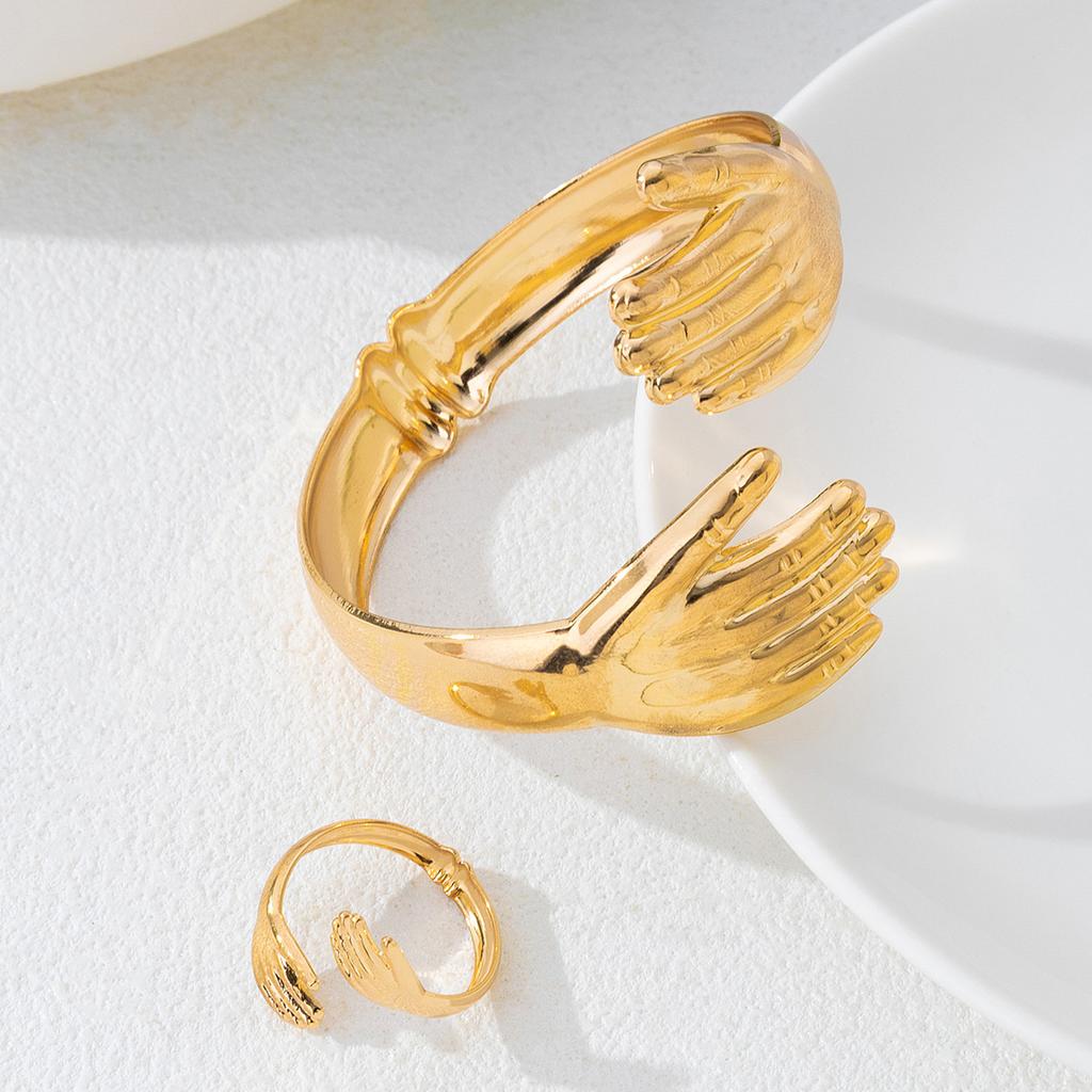 2 PCS/Set Vintage Palm Irregular Metal Jewelry Rings Bracelet Sets for Women Girls Creative Design Sense Sets Jewelry