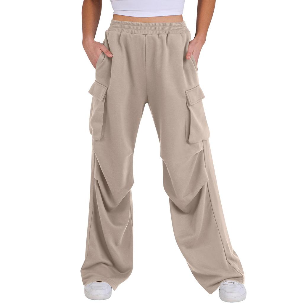 Women’s Wide Leg Cargo Pants Loose Fit High Waist Elastic Waistband Casual Trousers with Multiple Pockets for Daily Wear