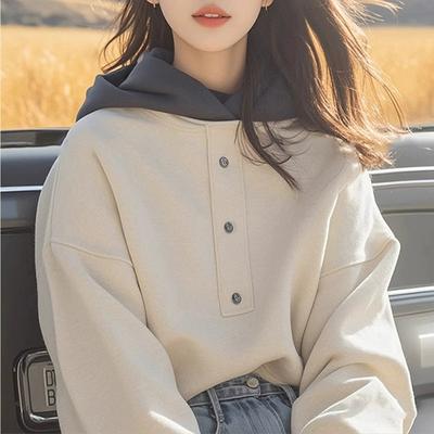 Bej Kontrastlı Kapüşonlu Sweatshirt Kış Yeni Küçük Boy Tasarım Niş Moda Üst