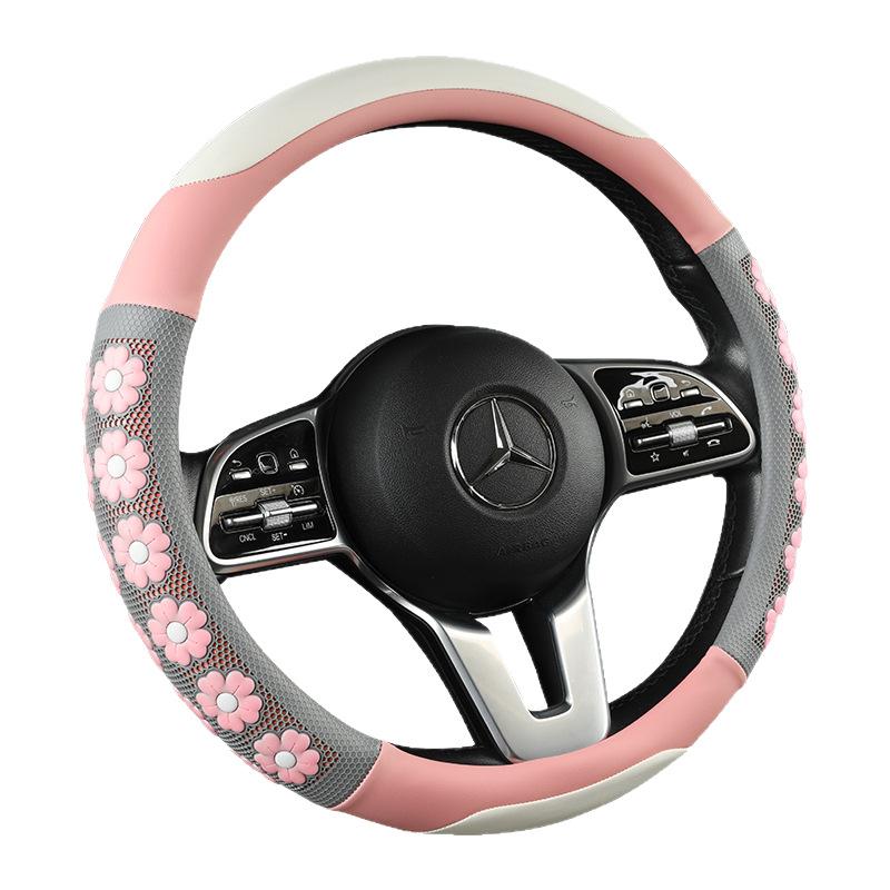 New Goddess Cartoon 3D Flower Embossed Leather Steering Wheel Cover for Women s Style Handle Wrap