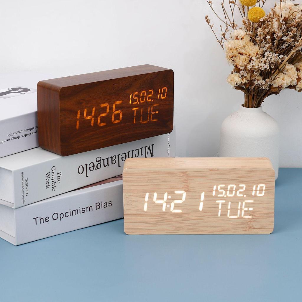Rectangular Perpetual Wooden LED Clock with Voice Control and Wake-up Function