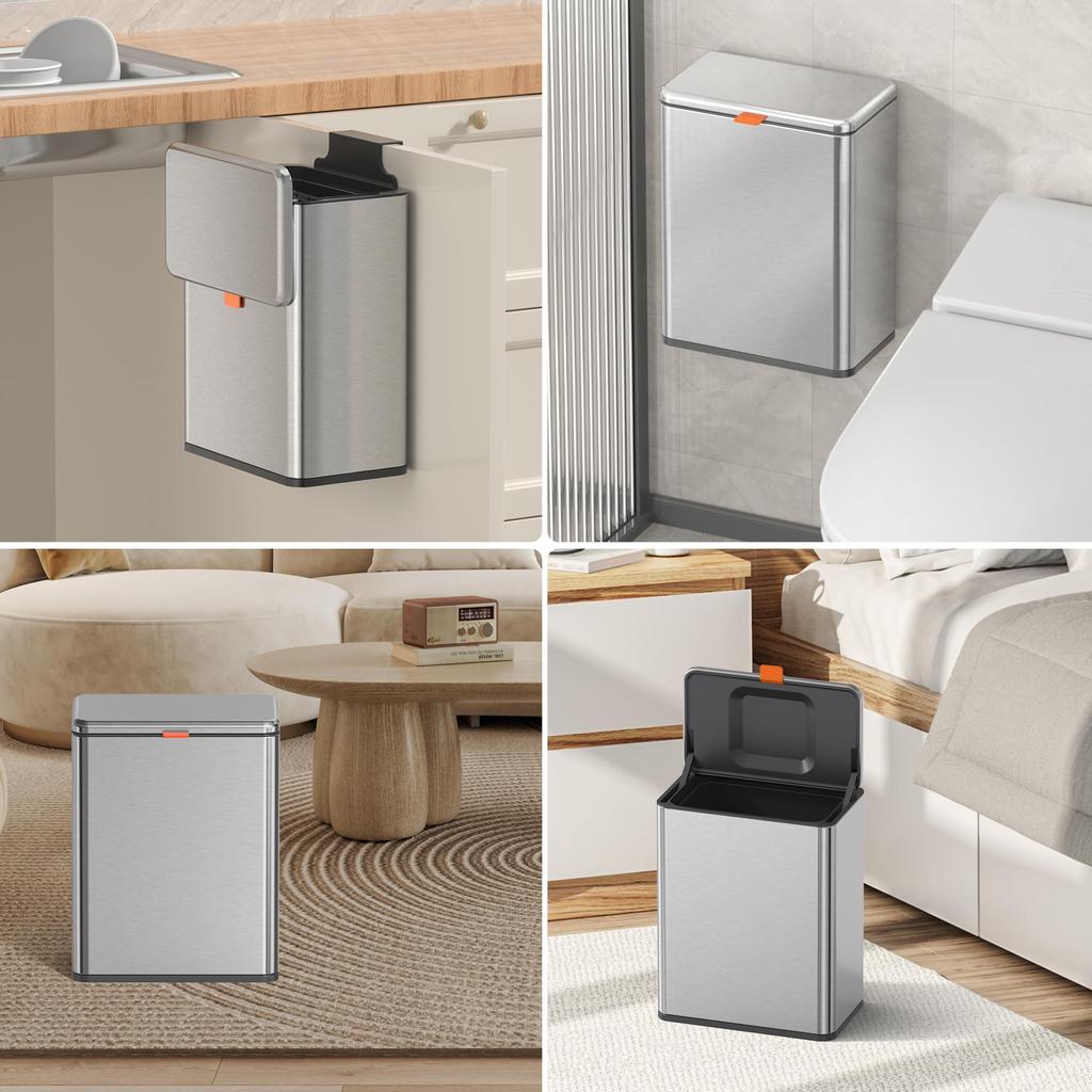 Mbillion Wall-Mounted Trash Can, 8L, with Lid, Airtight, Sliding Type, Silver
