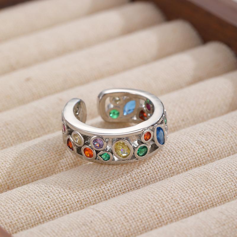 Exquisite Colorful Crystal Zircon Geometric Open Ring For Women Simple Copper Hollowed Out Stacked Finger Ring Fashion Jewelry