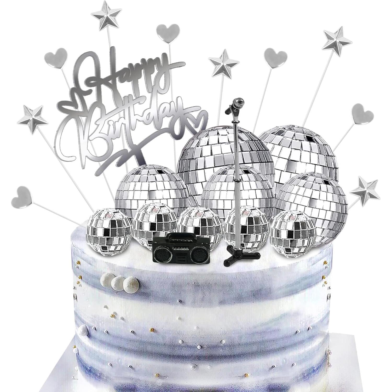 

23PCS Disco Ball Cake Toppers with DJ Bling Silver Mirror Balls and Mini Microphone Radio Decor for 70s Dance Party Supplies