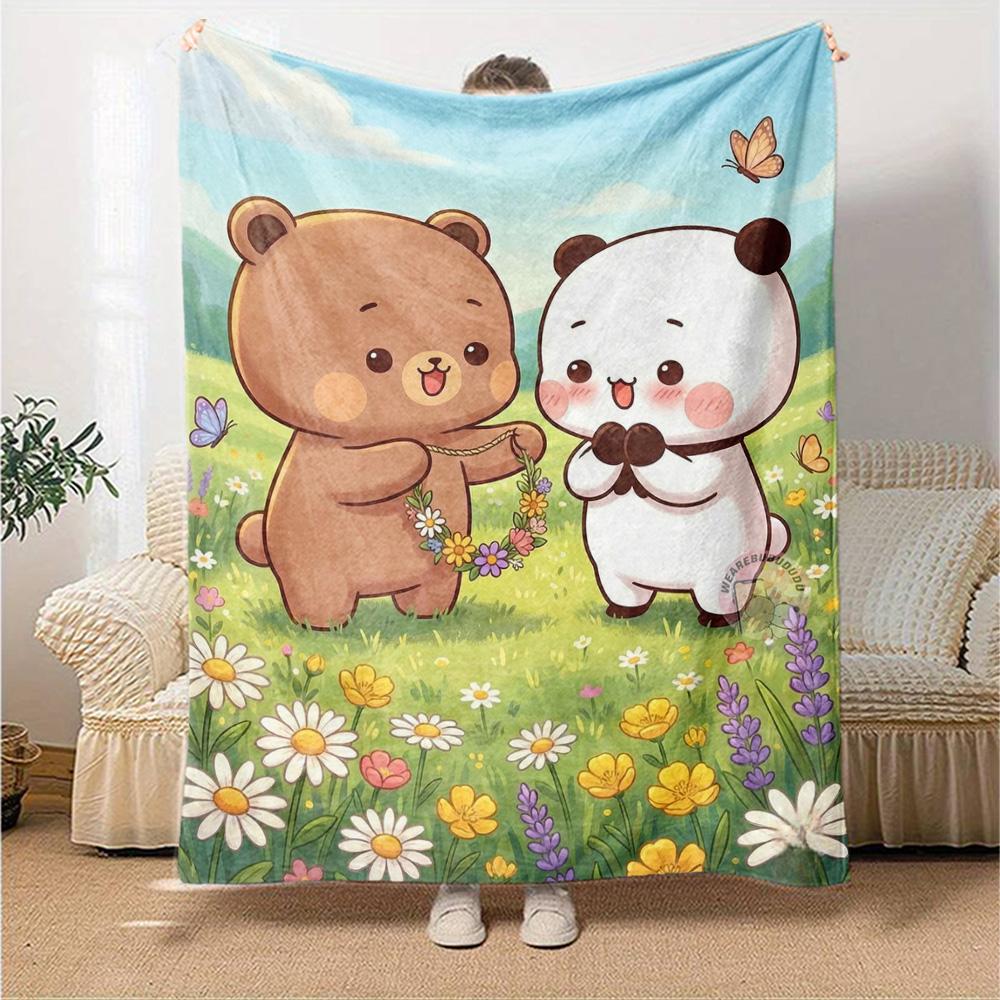 Cute Brown Bear Panda Flower Wreath Meadow Butterfly Print Flannel Blanket Soft Warm Throw Blanket For Sofa Bedroom