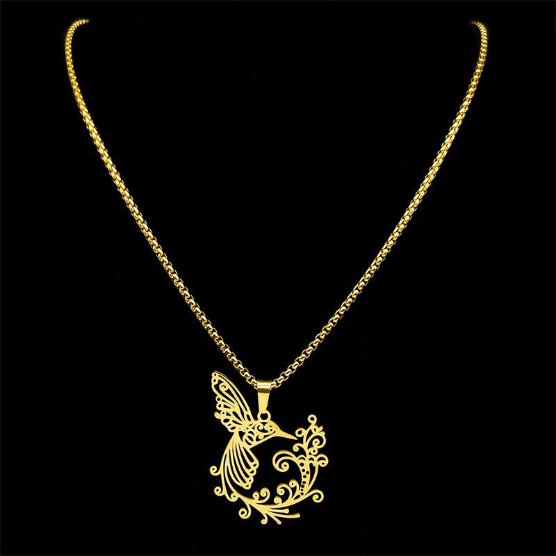 Flower of Life Hummingbird Stainless Steel Pendant Necklace for Women Men Animal Birds Chain Jewelry Accessory
