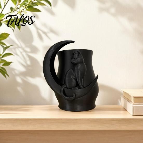 3D Printed Moon Cat Vase, Decorative Fresh/Dried Flowers Vase, Minimalist Pen & Makeup Brush Storage Holder, Unique Desktop Decor Gift for Cat Lovers