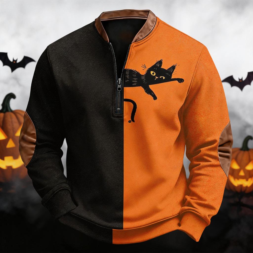 Men's Casual Retro Half Zip Long Sleeve Sweatshirt with Halloween Print