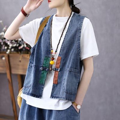 Artistic Retro Contrasting Color Plate Buckle Denim Vest Women's Summer Thin Loose and Versatile Sleeveless Top Camisole Vest