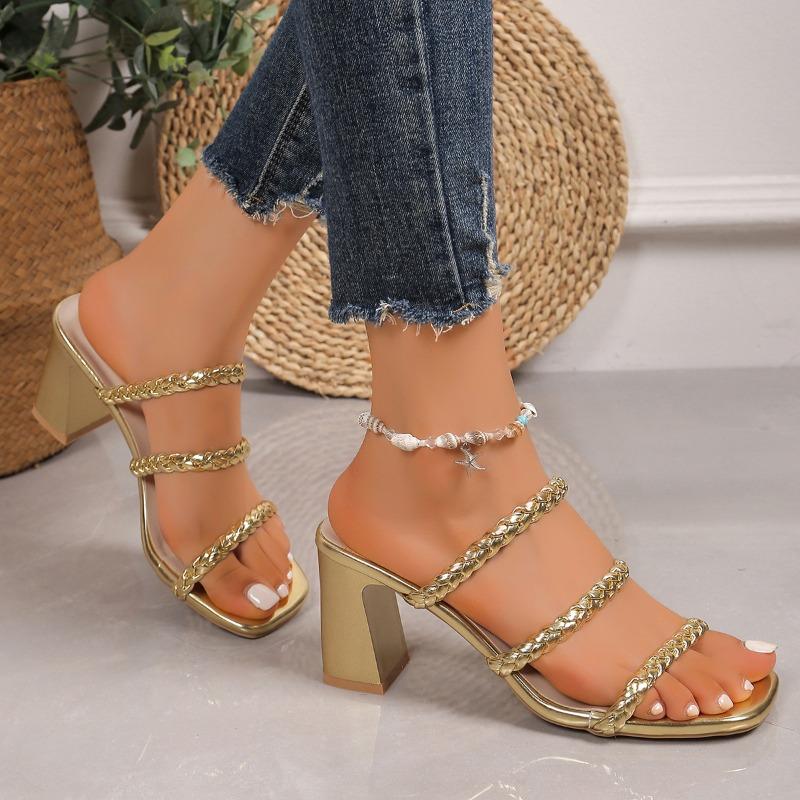 

Шлепанцы на высоком каблуке с квадратным носком большого размера, Женская обувь, Мода с квадратным носком, Крутые 43 золотой